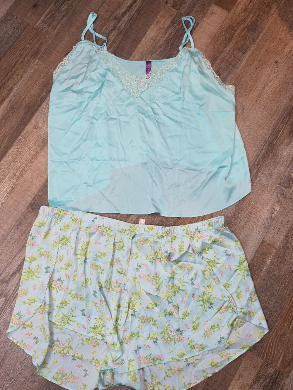 Adore Me Blue Satin Floral Lace Cami & Shorts Pajama Set 2X